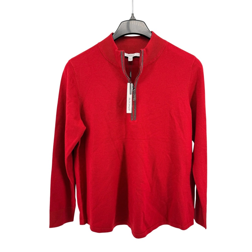 NEW Chico's Zenergy Luxe Top Womens 2 Large Half Zip Red Ballchain Trim Sweater
